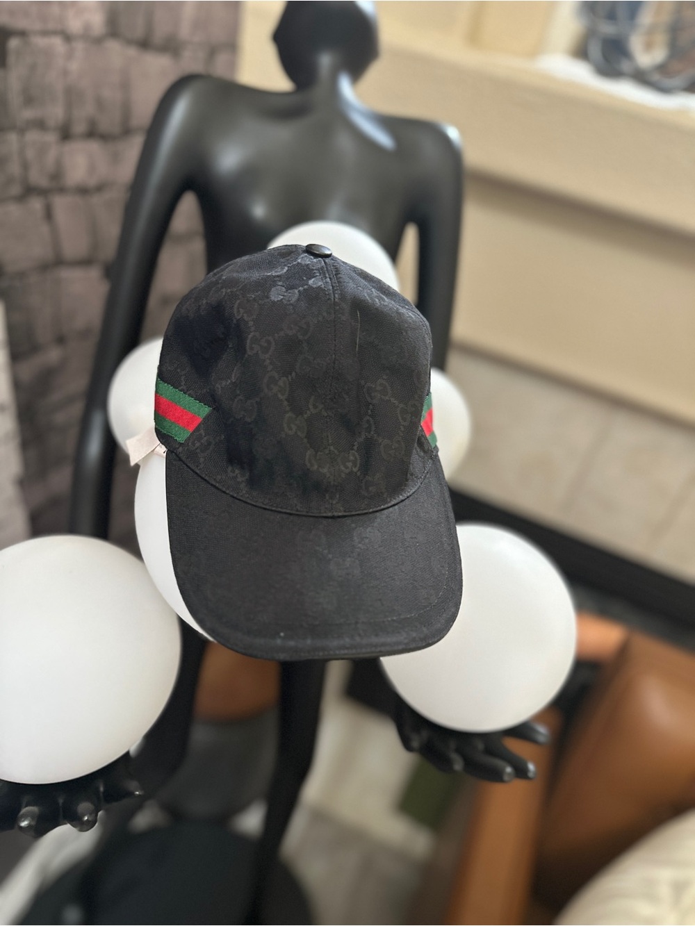 Gucci Black Monogram Baseball Cap with Green-Red Web Stripe